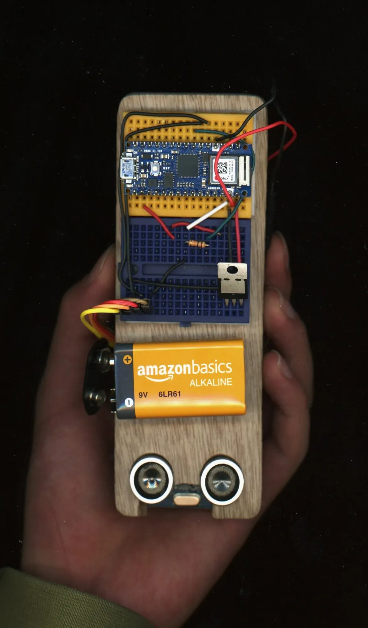 Closer view of the microcontroller, sensors, and power source.